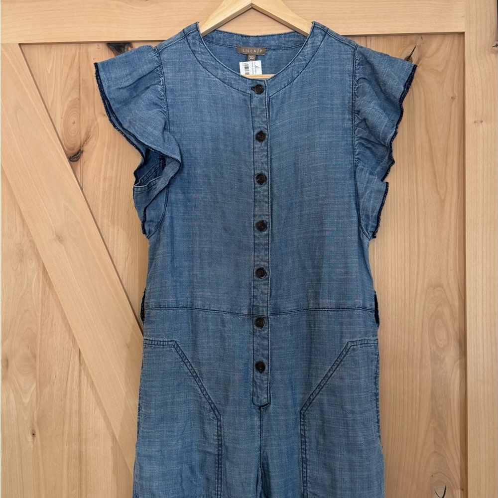 Lilla P Chambray Denim Flutter Sleeve Wide Leg Jumpsuit Romantic Feminine- XS
